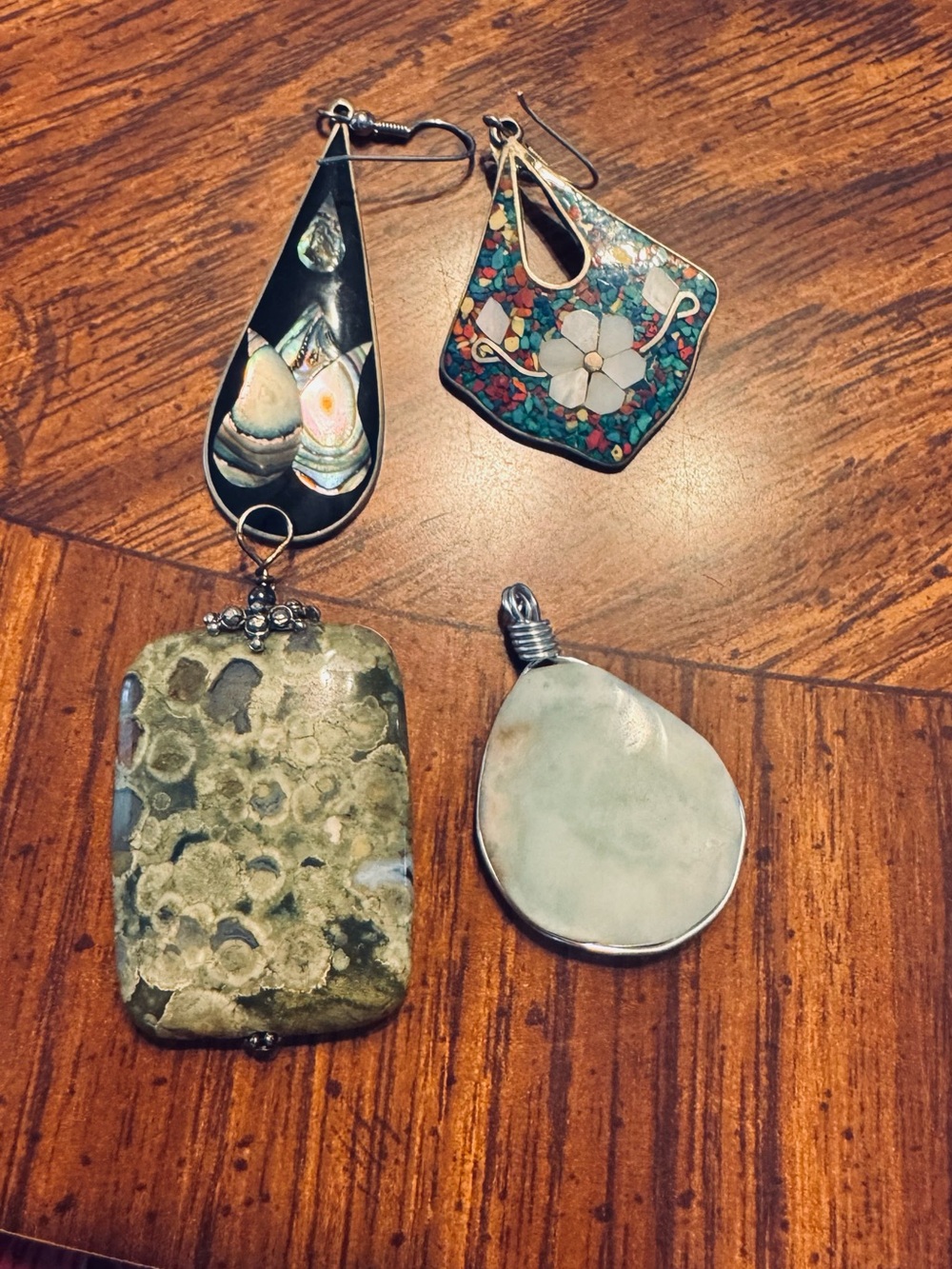 Mixed Stone and Inlay Dangle Earrings and Pendants - Green, Black, Cream